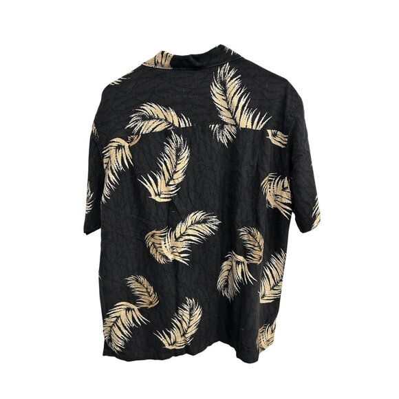 Tasso Elba Silk Button Front Hawaiian Shirt Black Beige Sz Large Feather Print - Picture 2 of 10